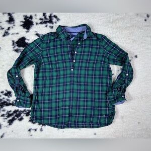 Tommy Hilfiger Women's Green and White Plaid Long Sleeve Shirt Size Large